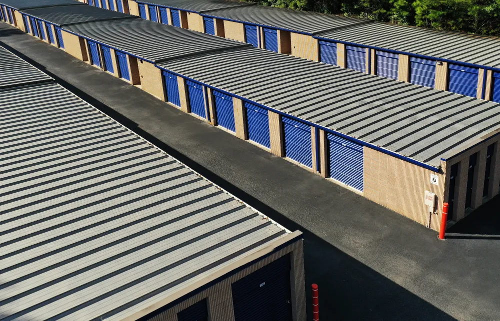 a building with blue and white walls