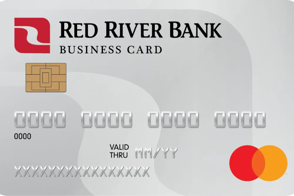 Silver Red River Bank business card with chip and Mastercard logo on front