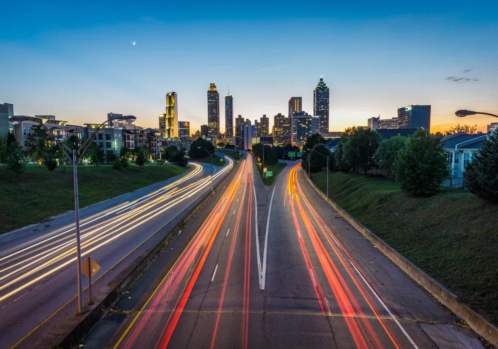 a highway with red lights