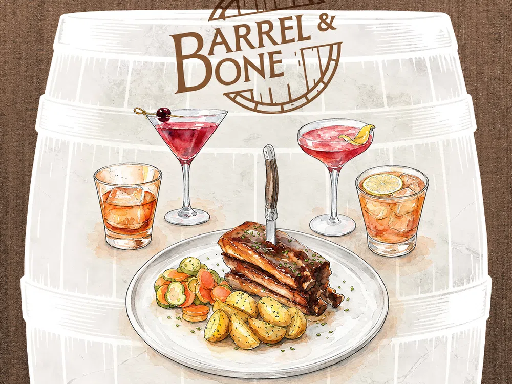 Illustration of a plate with ribs, roasted potatoes, and vegetables with four cocktails on a wooden barrel background.