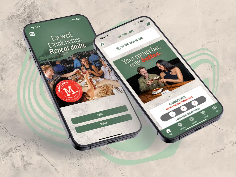 Two smartphones displaying a restaurant app with slogans, login options, and images of people dining.