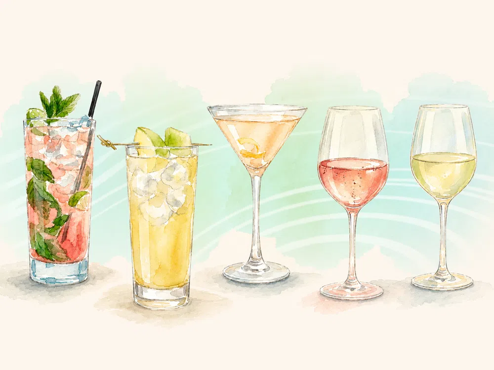 Watercolor illustration of five assorted cocktails and wines in different glass types with fresh garnishes.