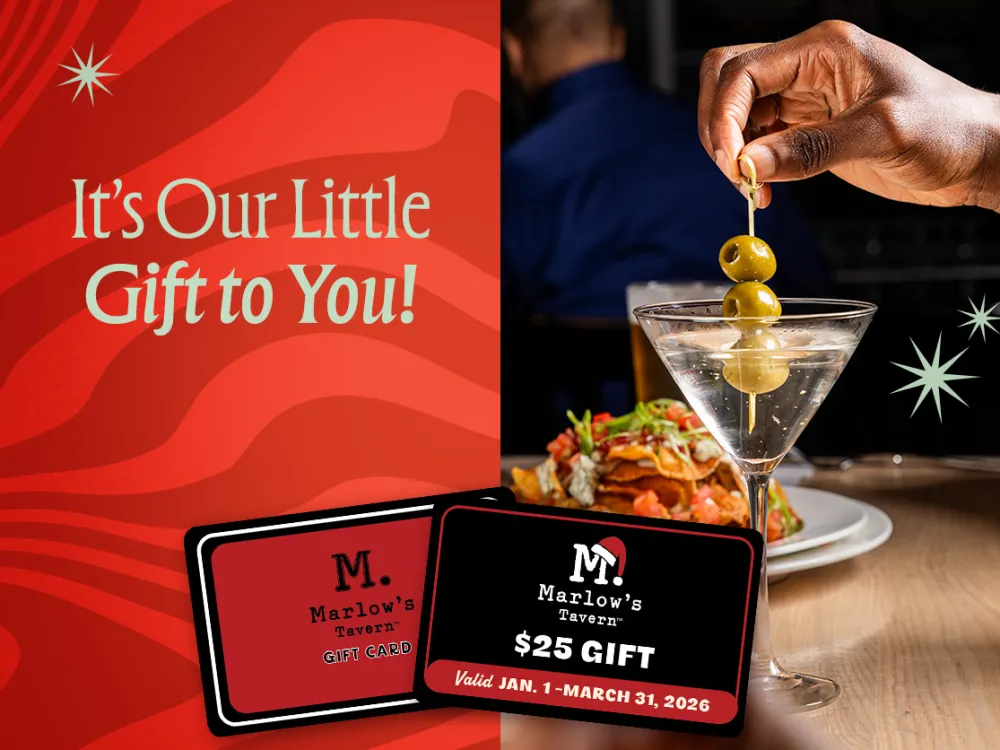 Hand holding olives over a martini glass with food and Marlow's Tavern $25 gift card promoting a special offer.