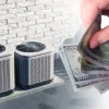 Hands holding US dollar bills near two outdoor air conditioning units mounted on a brick wall.