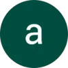 White lowercase letter 'a' centered on a dark green circular background.