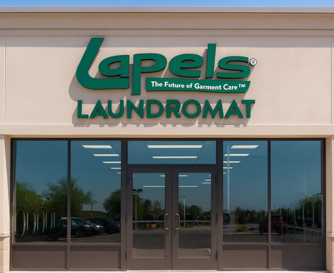 Exterior view of a laundromat with cars parked outside and a city skyline in the background at sunset.