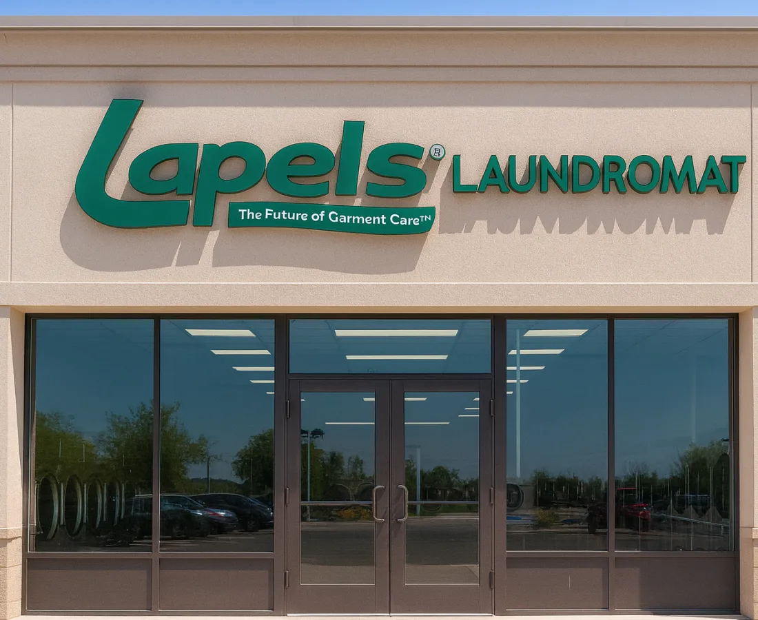 Exterior view of Lapels Laundromat storefront with green signage and glass entry doors on a sunny day