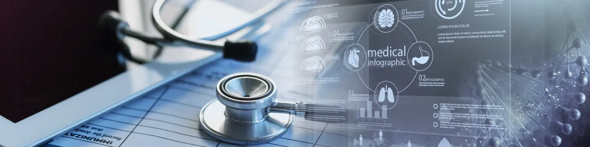 Stethoscope on medical form with digital medical infographic and DNA strand overlay in healthcare concept