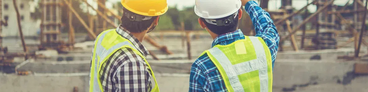 Construction worker in safety gear examines blueprints at a building site with machinery in the background