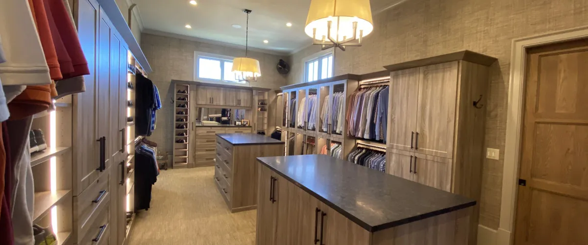 a kitchen with wooden cabinets