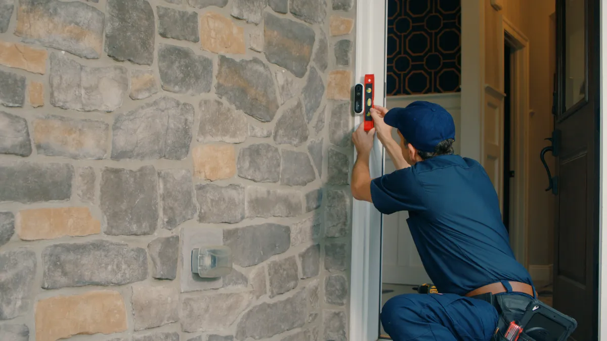 Technician in navy uniform installing smart doorbell on stone exterior wall near house entrance.