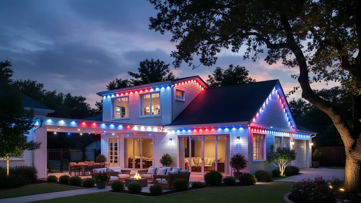 Modern two-story house decorated with red, white, and blue string lights at dusk with outdoor seating and landscaping.