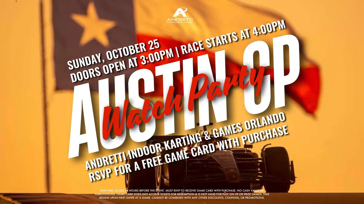 Austin GP watch party flyer with race car silhouette, Texas flag background, and event details for October 25.