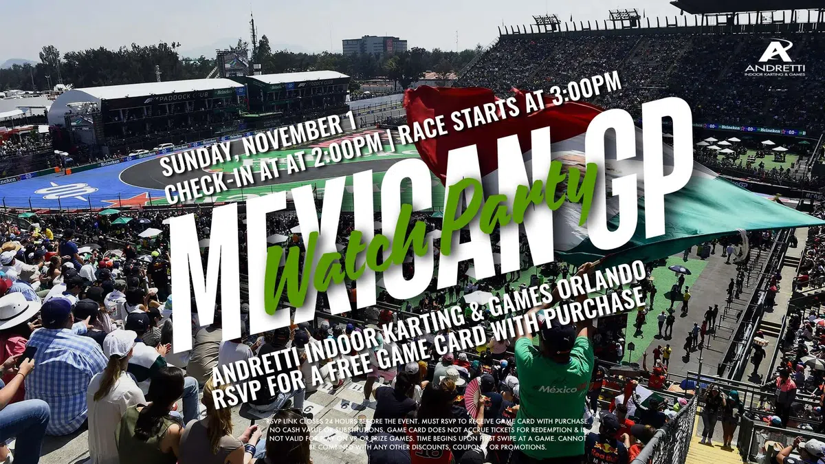Crowded grandstand at racing event promoting Mexico GP watch party with date, time, and RSVP details.
