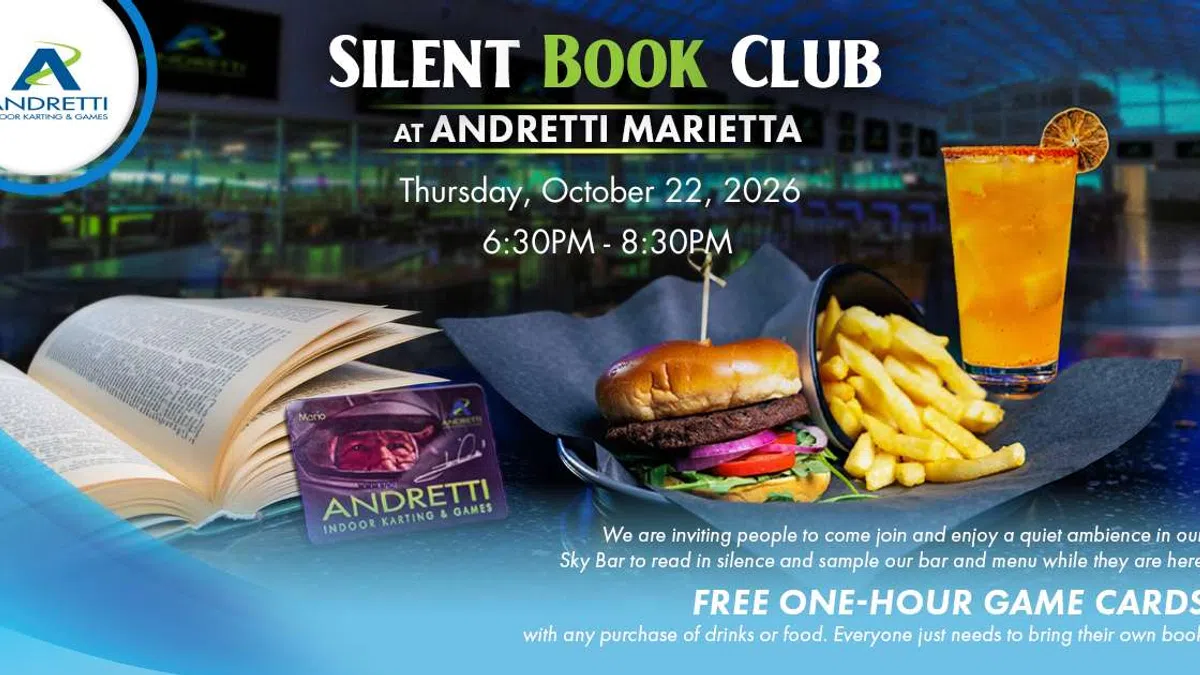 Silent Book Club event at Andretti Marietta with food, drink, and free game card offer on October 22, 2026.