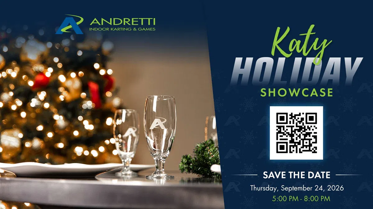 Holiday event promotion with festive table setting, champagne glasses, and QR code for Andretti Indoor Karting in Katy.