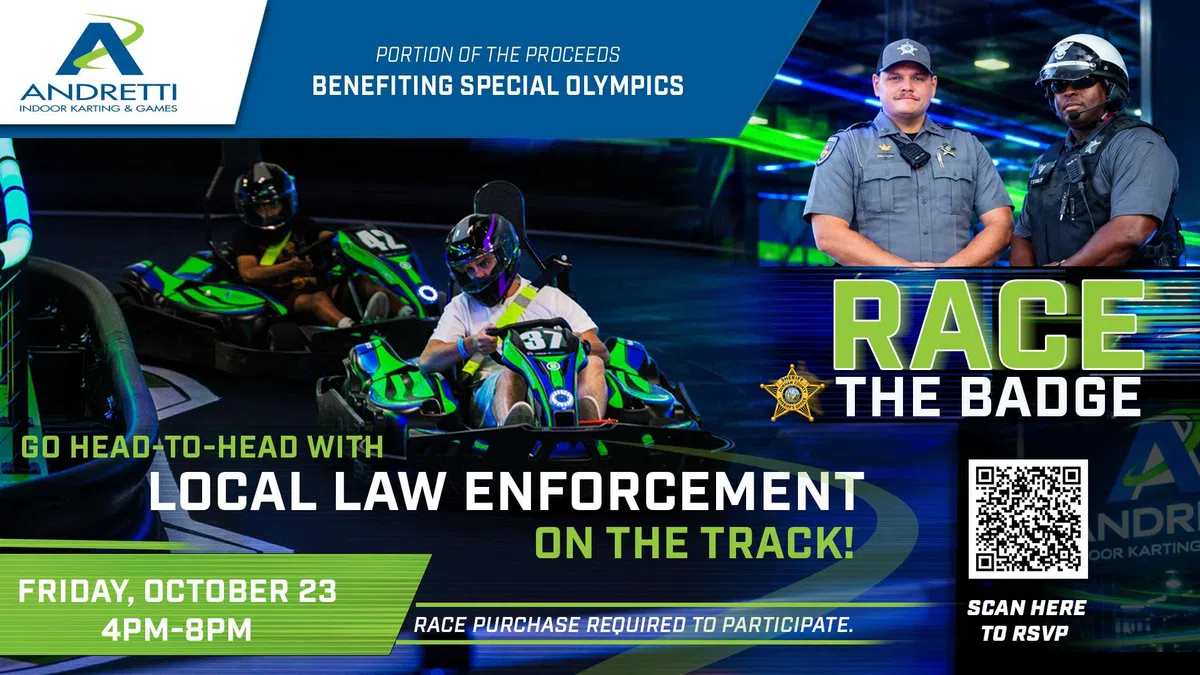 Go-kart race event with local law enforcement at Andretti indoor track supporting Special Olympics on October 23