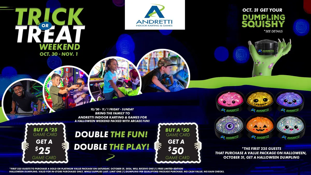 Halloween-themed arcade promotion with kids playing games, offer details, Andretti logo, and overlaid text about game card bonuses.