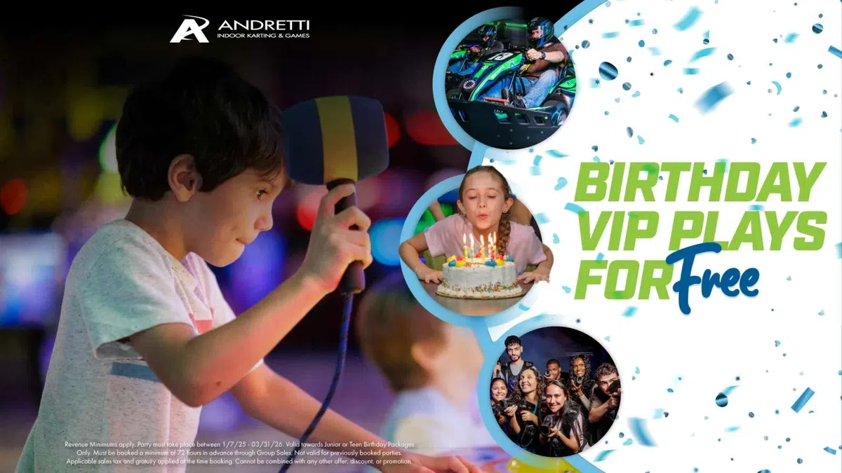 Child playing indoor games, birthday celebration with cake, go-kart racing, group of friends enjoying party.