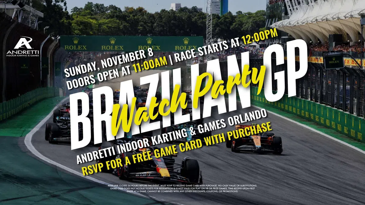 Brazilian GP watch party at Andretti Indoor Karting Orlando with race details and RSVP offer on racetrack background.
