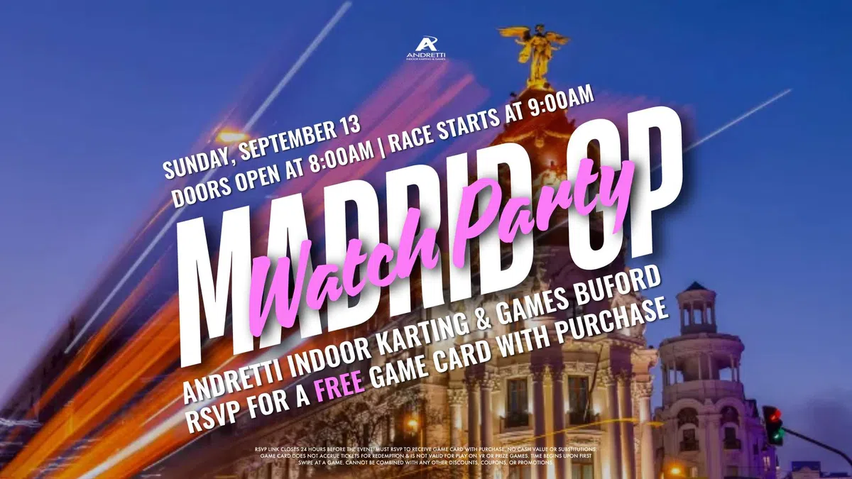 Madrid GP watch party announcement with event details at Andretti Indoor Karting in Buford on September 13.