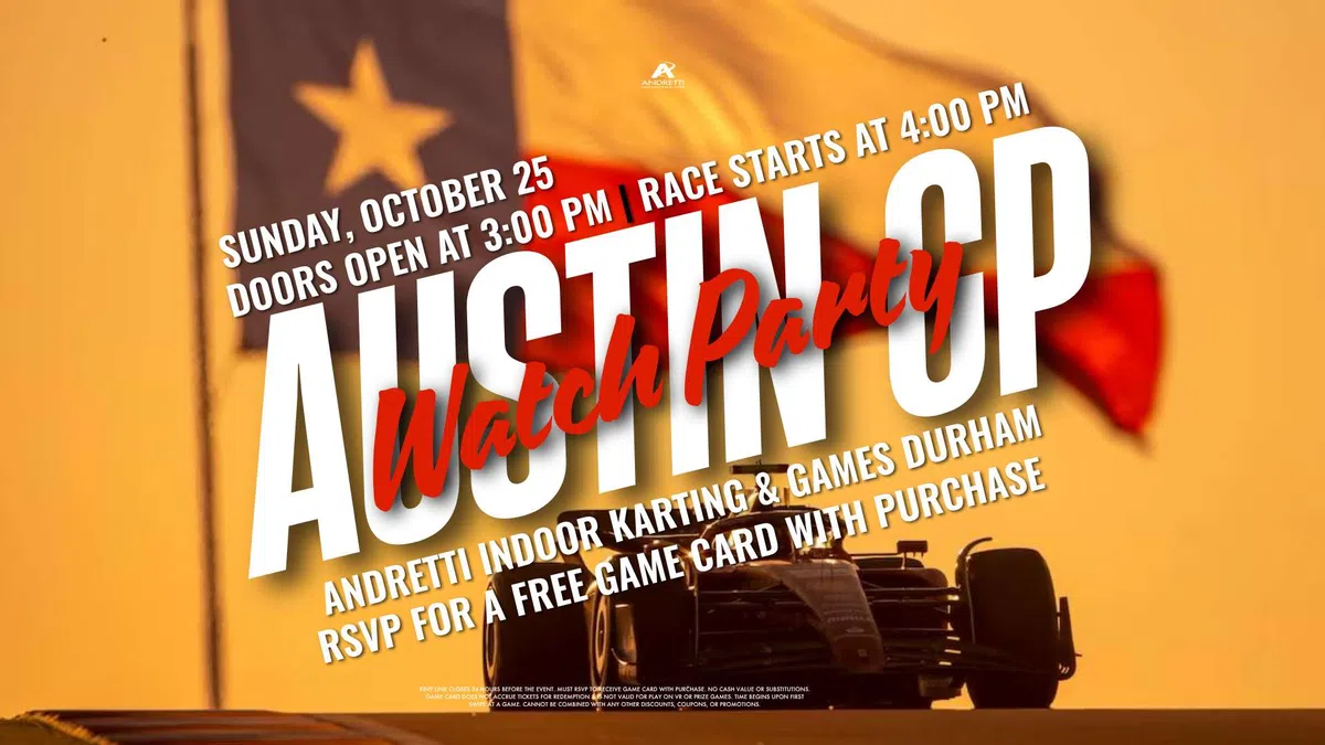 Austin GP Watch Party announced with event details and race car silhouette against sunset background