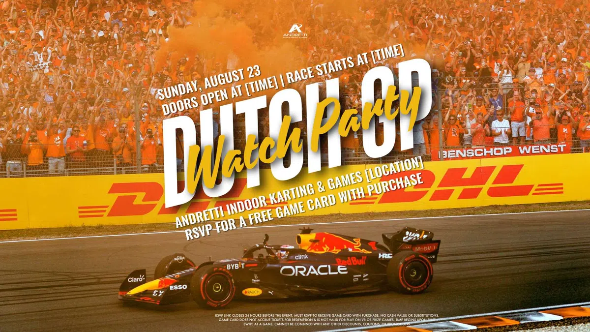 Formula 1 car racing with orange smoke and crowd, promoting Dutch GP Watch Party on August 23 with games and RSVP offer.