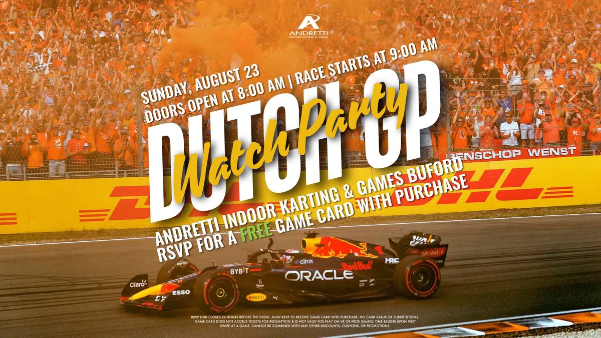 Formula 1 Dutch Grand Prix Watch Party advertised with racecar and crowd in orange attire at circuit.