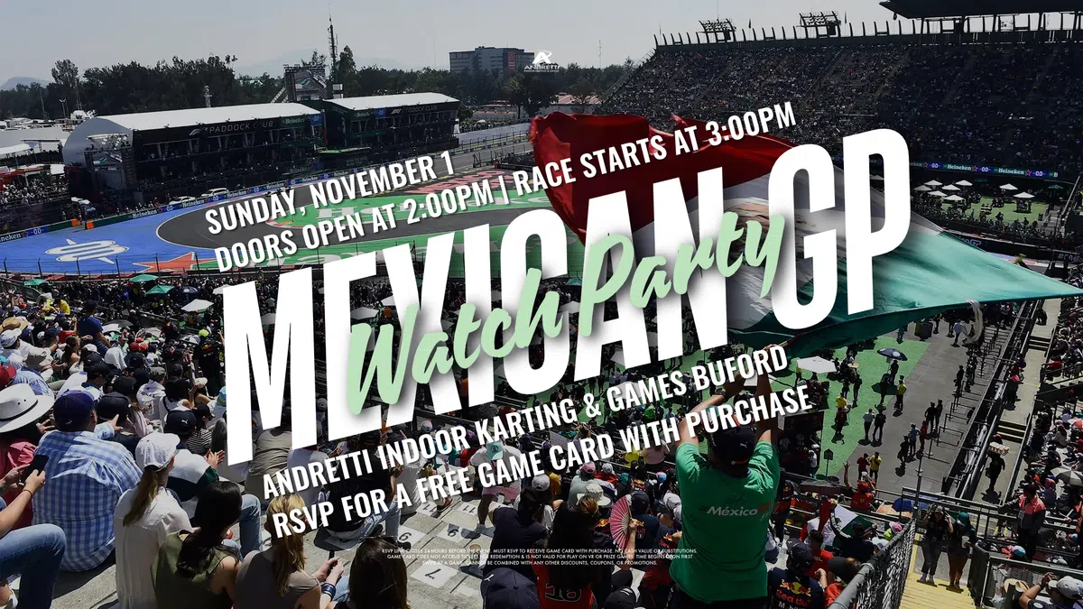 Crowded grandstand at a race track with overlaid text promoting a Mexico GP watch party on November 1