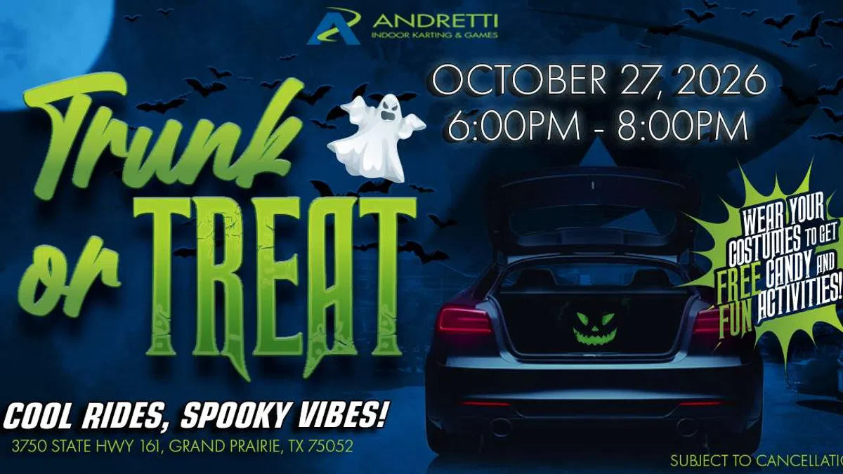 Trunk or Treat event poster with spooky car, ghost, bats, and event details on a dark blue background.