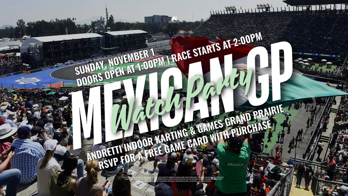 Crowd watched Mexico GP race with event details promoting watch party and free game card RSVP.
