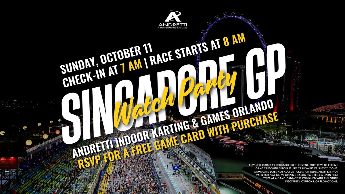 Singapore GP watch party at Andretti Indoor Karting & Games Orlando on October 11 with RSVP for free game card.