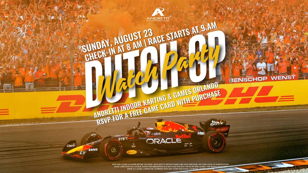 Andretti IndyCar race event watch party with Red Bull racing car on track and cheering crowd in orange