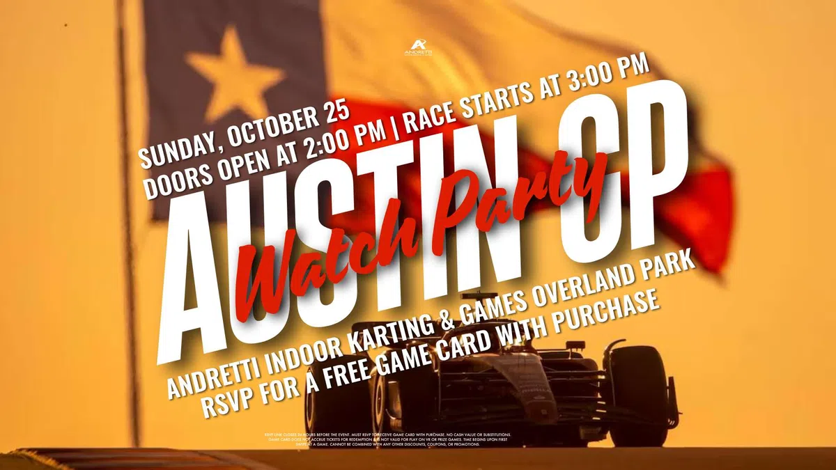 Austin GP watch party announcement with race car and Texas flag background on orange sky.