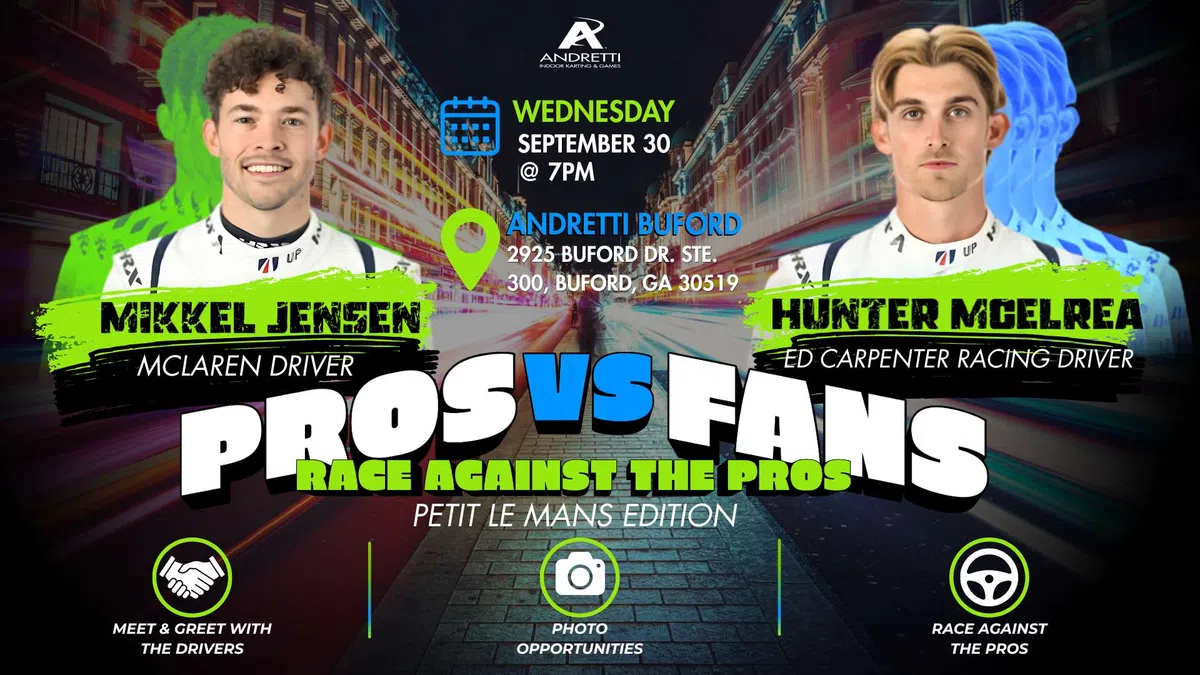 Mikkel Jensen and Hunter McElrea promote Pros vs Fans race event on September 30 at Andretti Buford.