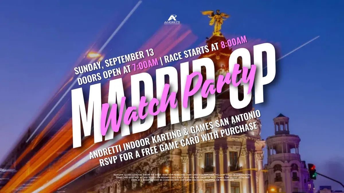 Madrid watch party event details with race time, location, and RSVP offer over cityscape at dusk.