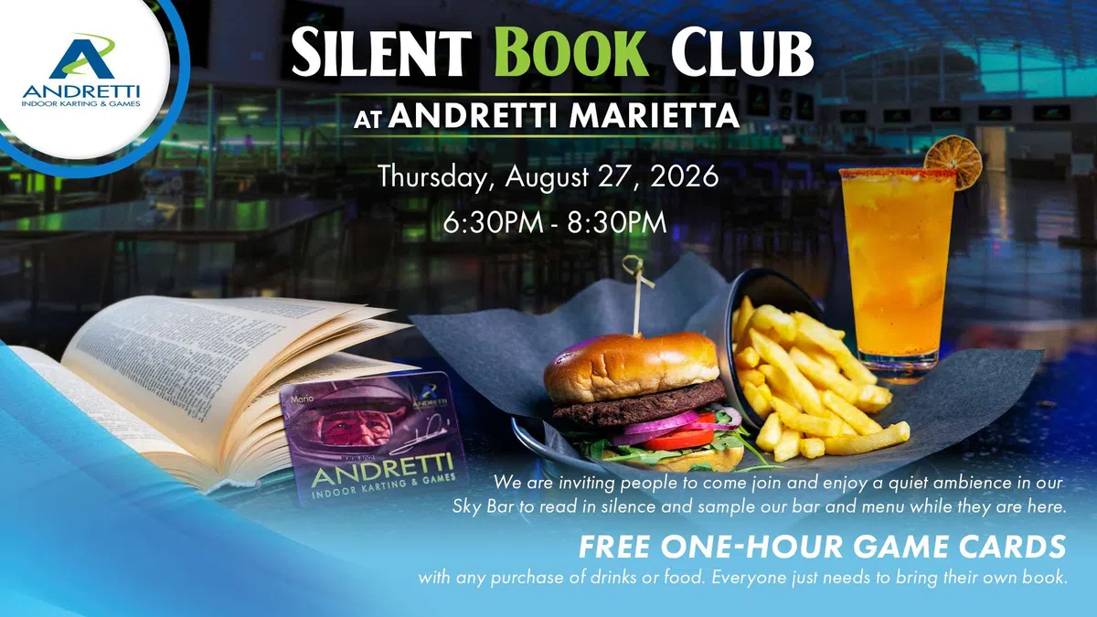 Silent Book Club event at Andretti Marietta with food, drink, and free game cards on August 27, 2026.