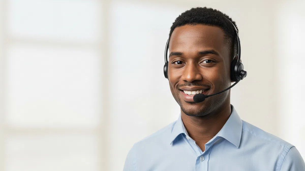 Smiling customer service representative wearing headset and light blue shirt against a bright background