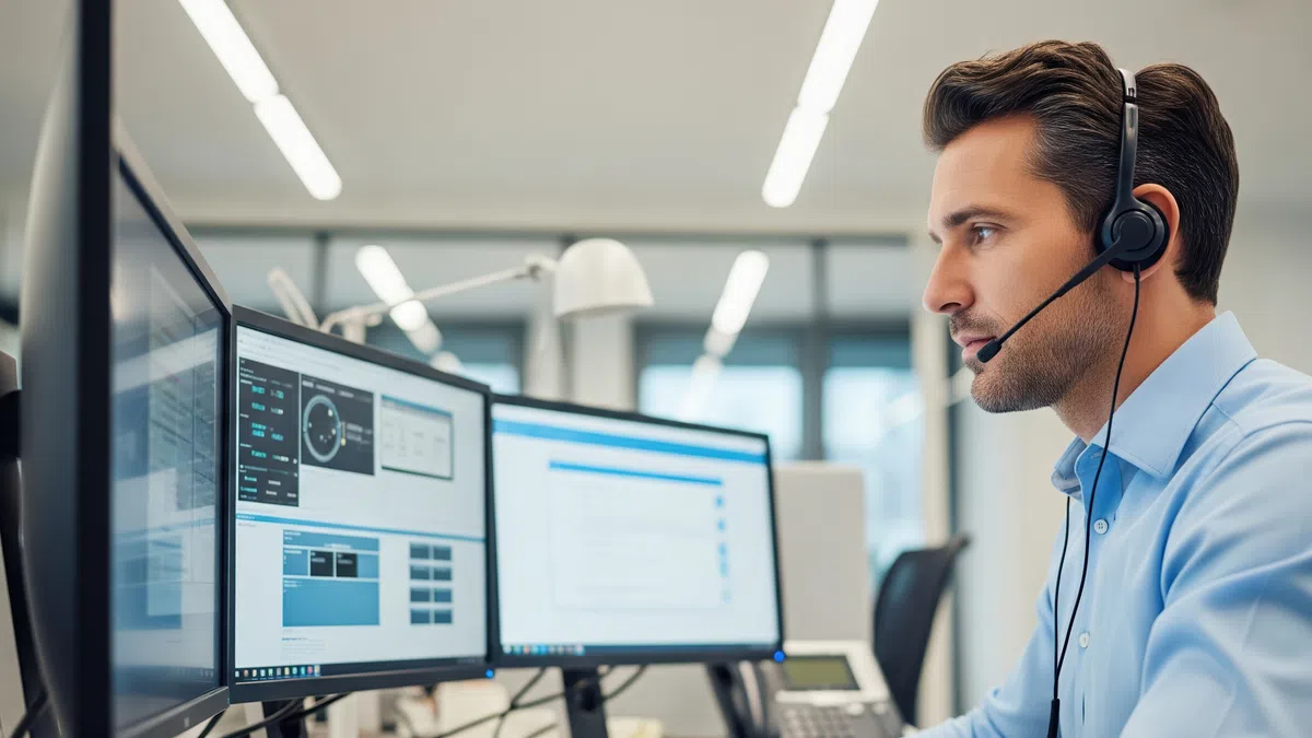 Man wearing headset working on computer with multiple monitors in modern office setting