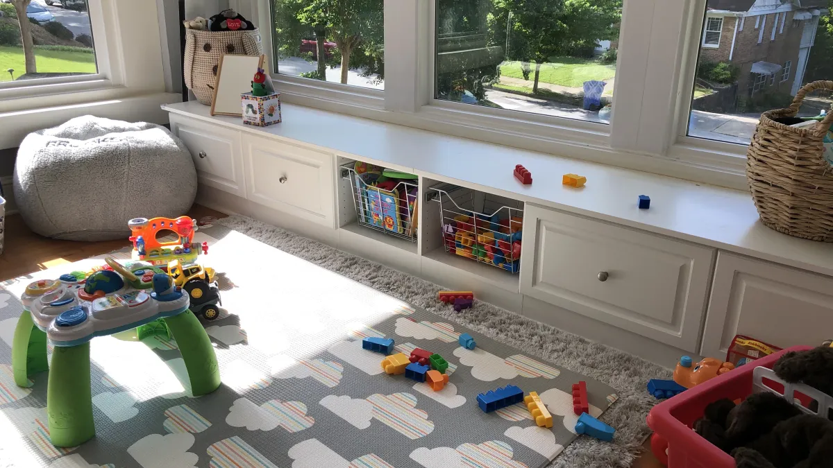 a room with a table and toys