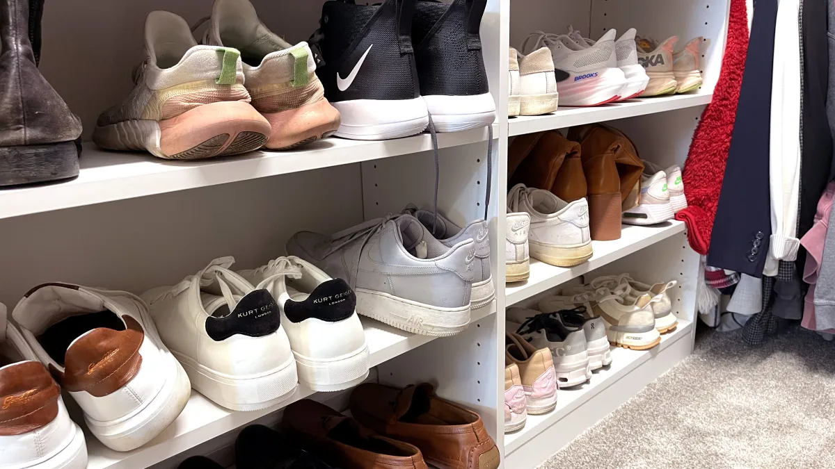 a shelf with shoes and shoes