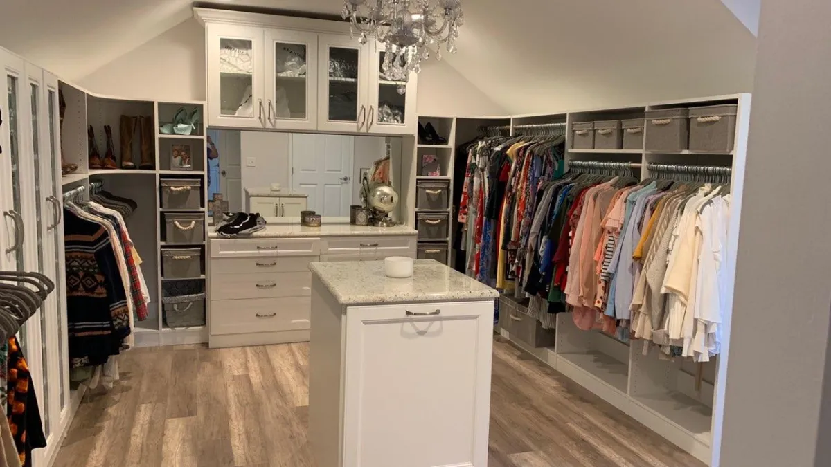 a kitchen with a chandelier