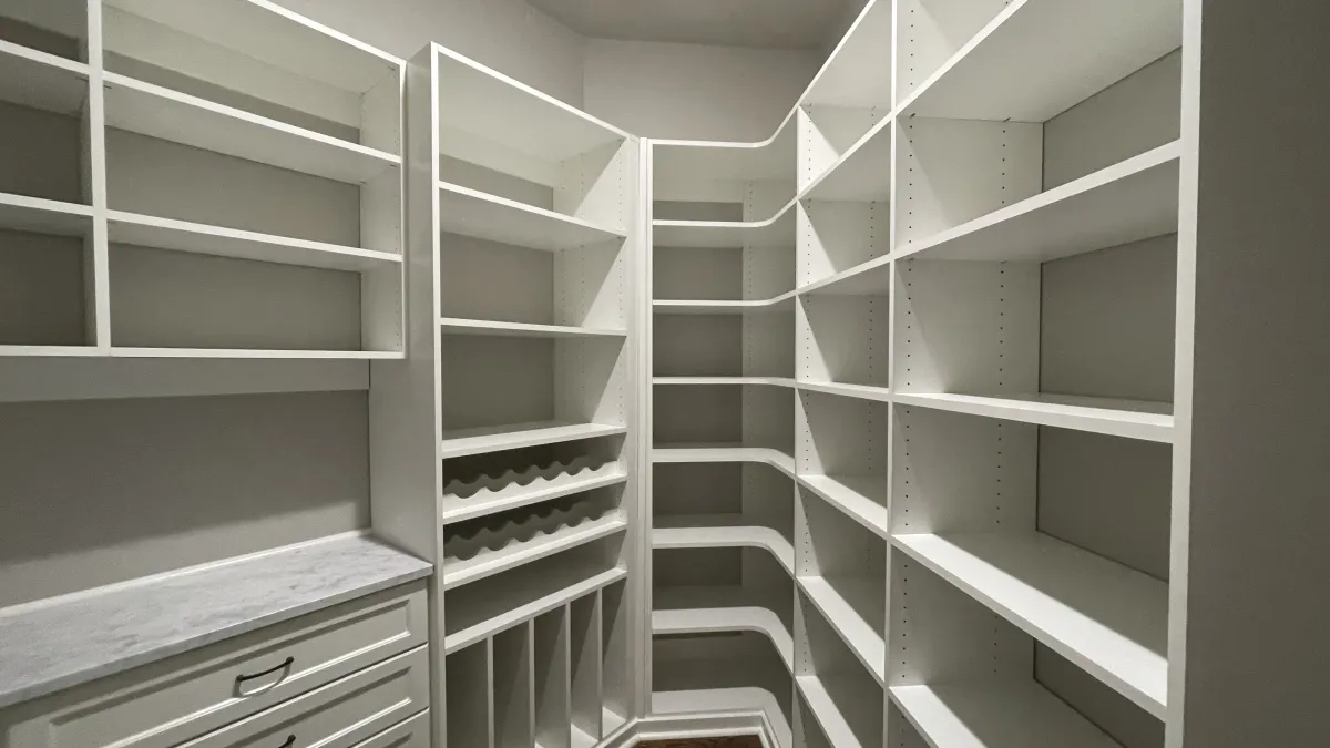 a room with shelves