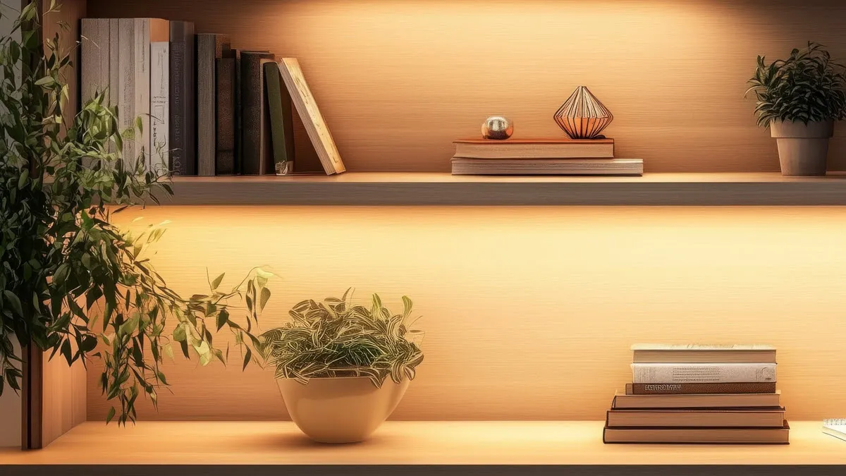 Cozy wooden shelves with books, decorative objects, and green potted plants illuminated by warm lighting
