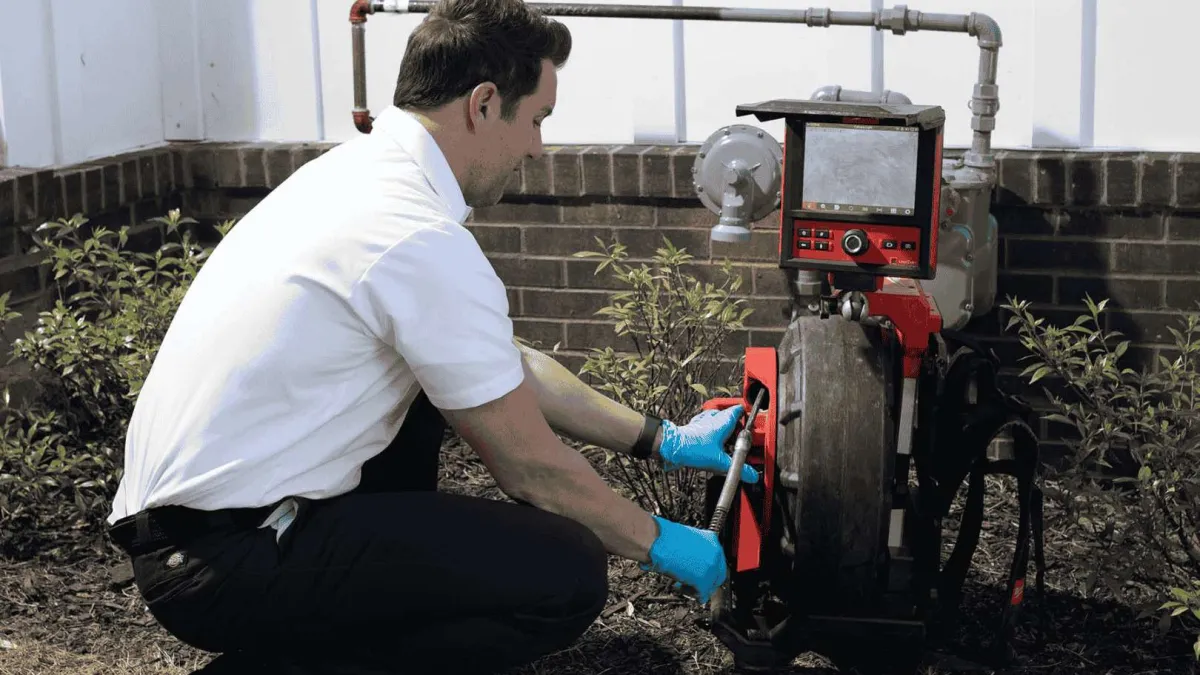 Technician inspecting and operating a machine with a monitor outdoors near bushes and brick wall.
