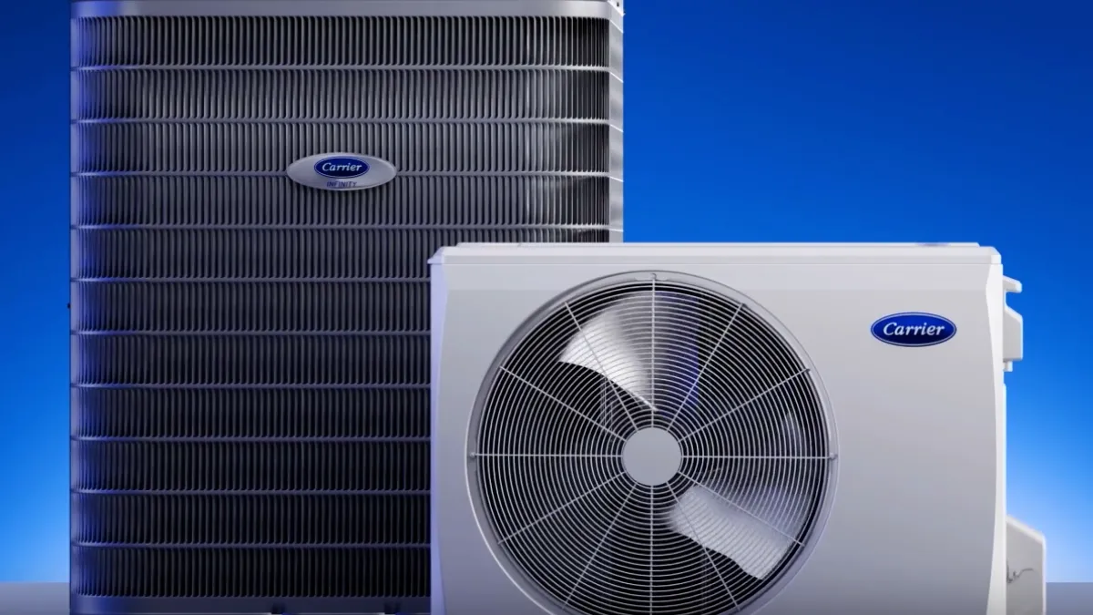 Two Carrier brand air conditioning units against a blue gradient background with visible fan and grille details.