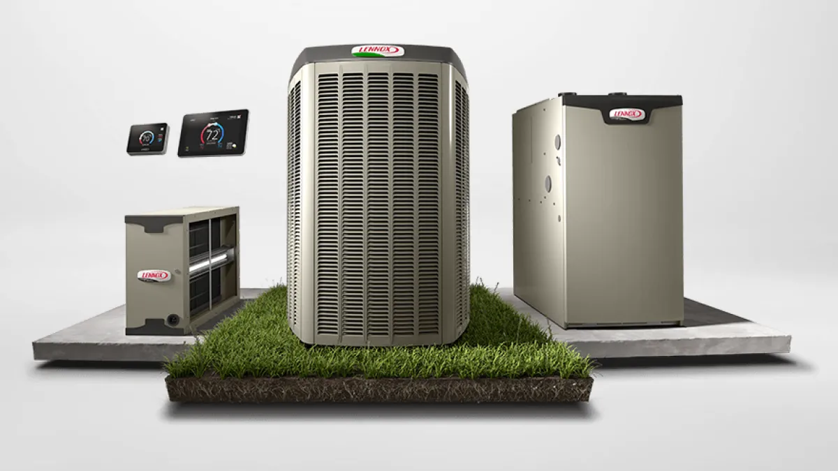 High-efficiency HVAC system on grass, showcasing indoor and outdoor units with modern controls.