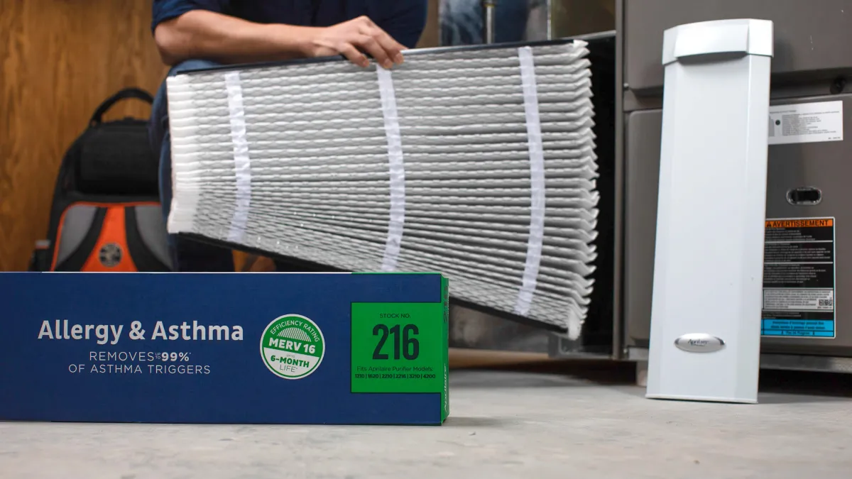 A person holding an air filter next to an air purifier and a box labeled for allergy and asthma relief.
