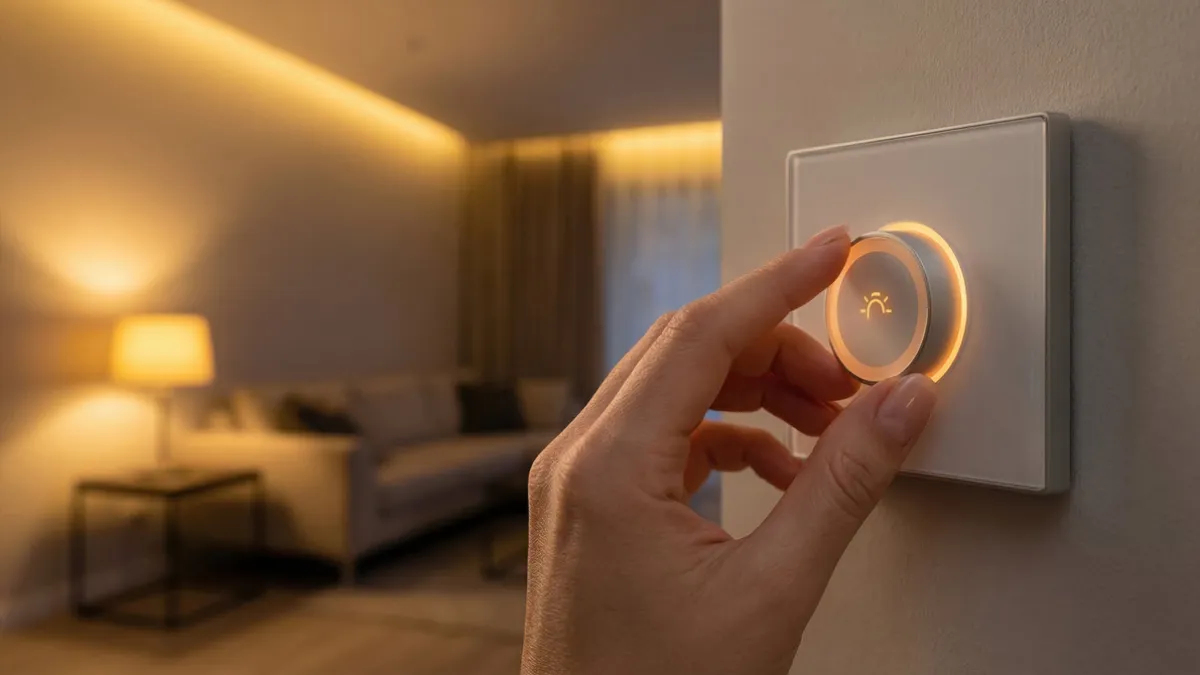 Hand adjusting modern round dimmer switch with warm lighting in cozy living room interior at night