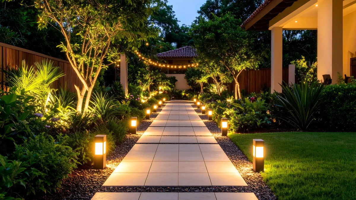 Outdoor lighting installation in Atlanta featuring pathway lights and landscape lighting along a garden walkway at night